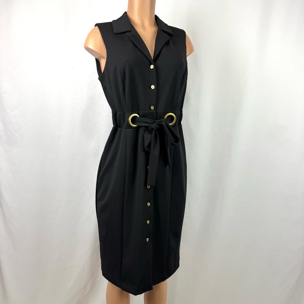Shelby & Palmer Black Collared Sleeveless Button Up Waist Tie Sheath Dress Sz 10